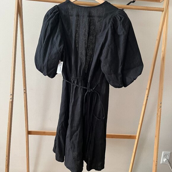 NWT Black Old Navy Linen Blend True Wrap Mini Dress with Puff Sleeves - Picture 3 of 7